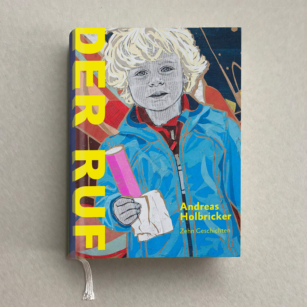 Buchcover. Blonder kleiner Junge mit Eis in der Hand vor einem poppigen Hintergrund.