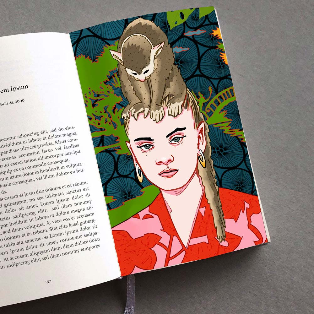 Buchillustration, Frau mit Kimono bekleidet und einem Affen auf dem Kopf vor ornamentalem Hintergrund