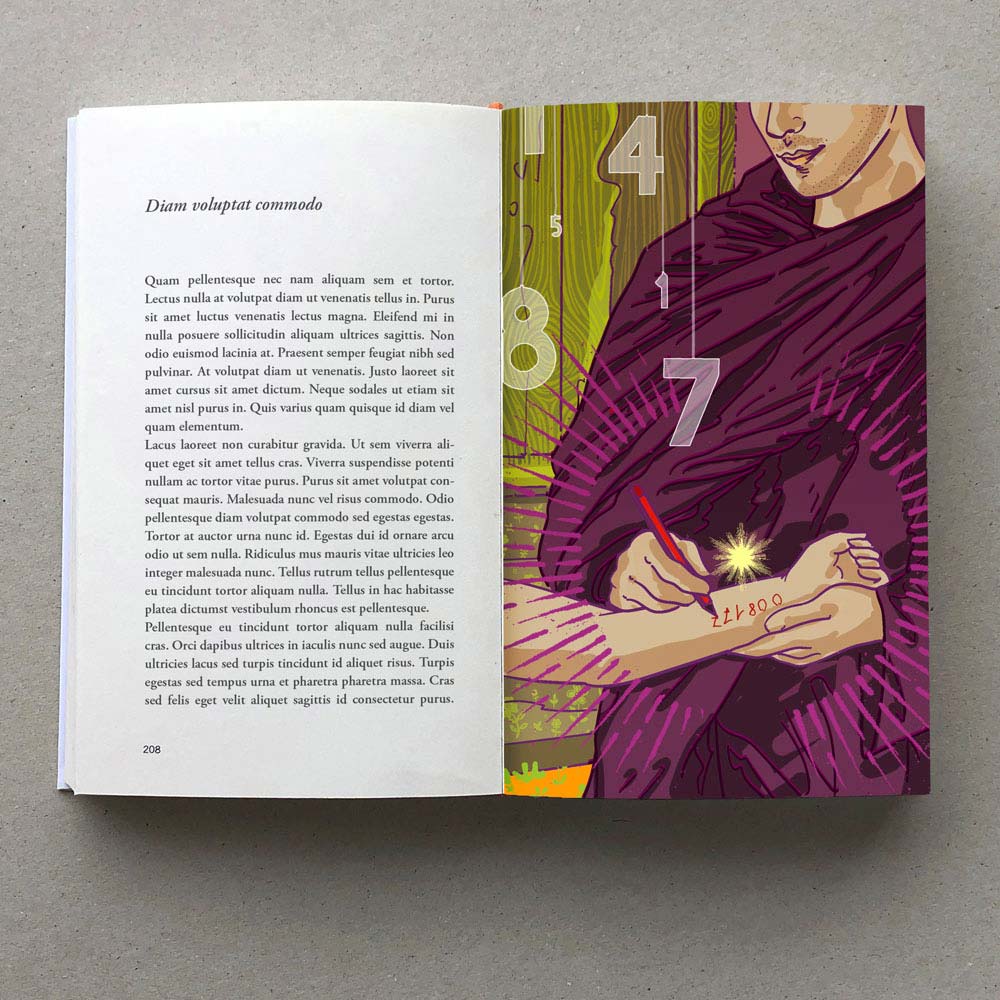 Buchillustration, ein Mönch schreibt Zahlen auf den Unterarm