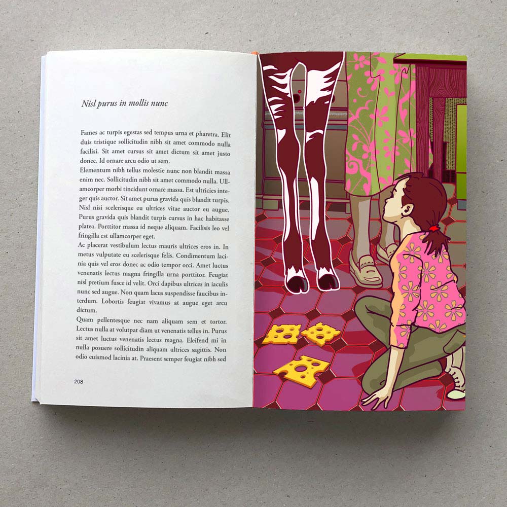 Buchillustration, kleines Mädchen kniet vor einem Okapi