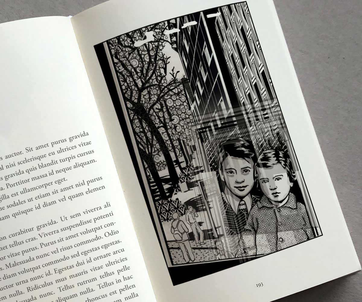 Buchillustration, zwei Kinder schauen durch ein Fenster