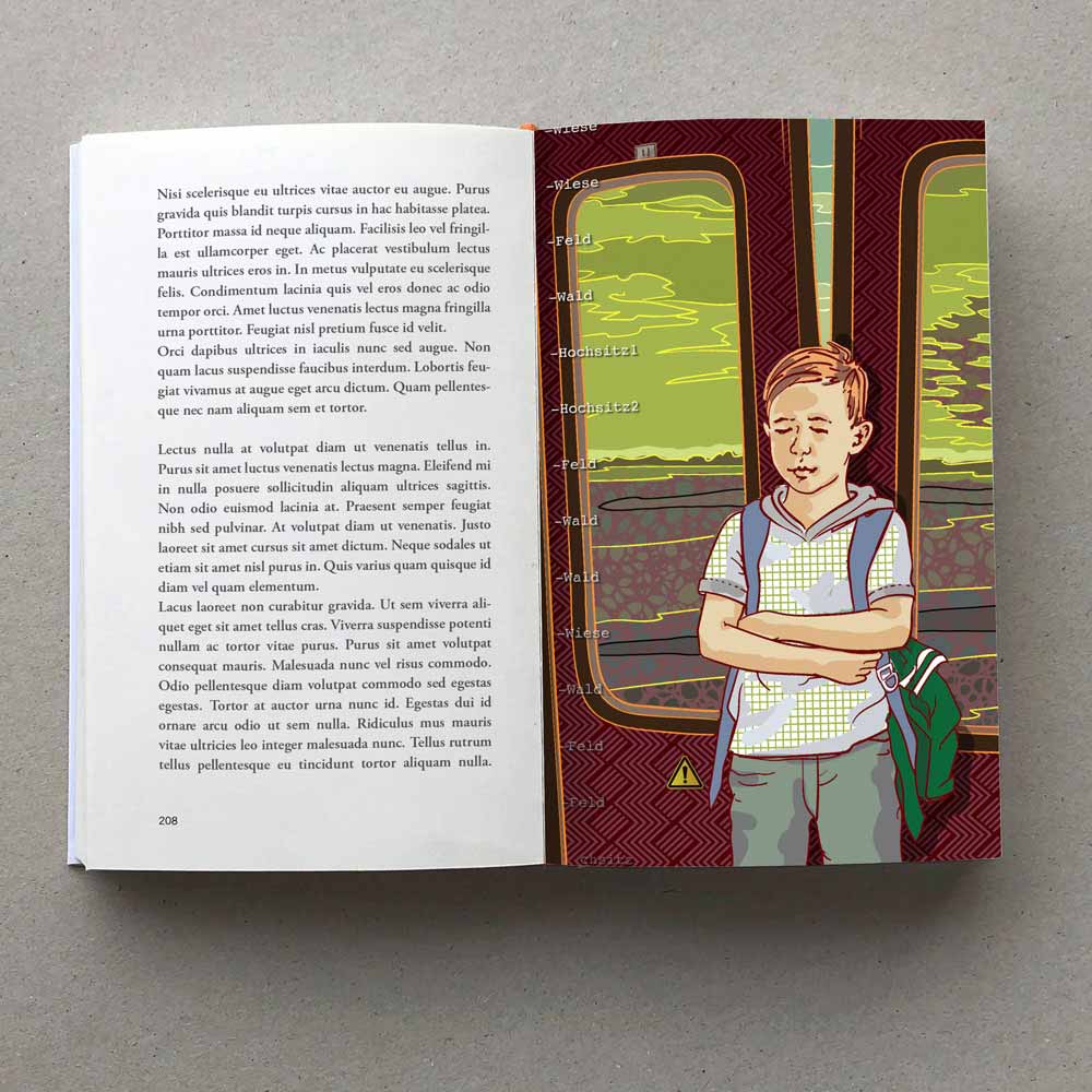 Buchillustration, kleiner Junge in der Bahn