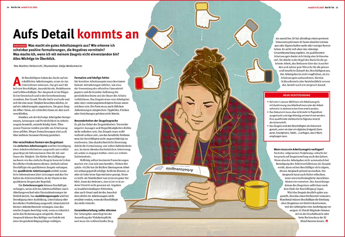 Eine junge Frau studiert ihr Arbeitszeugnis. Über ihren Kopf symbolisieren verschieden farbige Daumen hoch und Daumen runter Symbole die Unterschiedlichen Bewertungen.