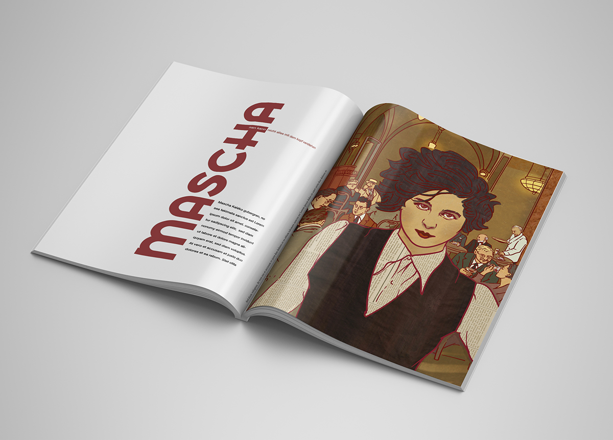 Eine aufgeschlagene Zeitschrift zeigt das illustrierte Portrait von Mascha Kaléko. Im Bildhintergrund das romanische Café.