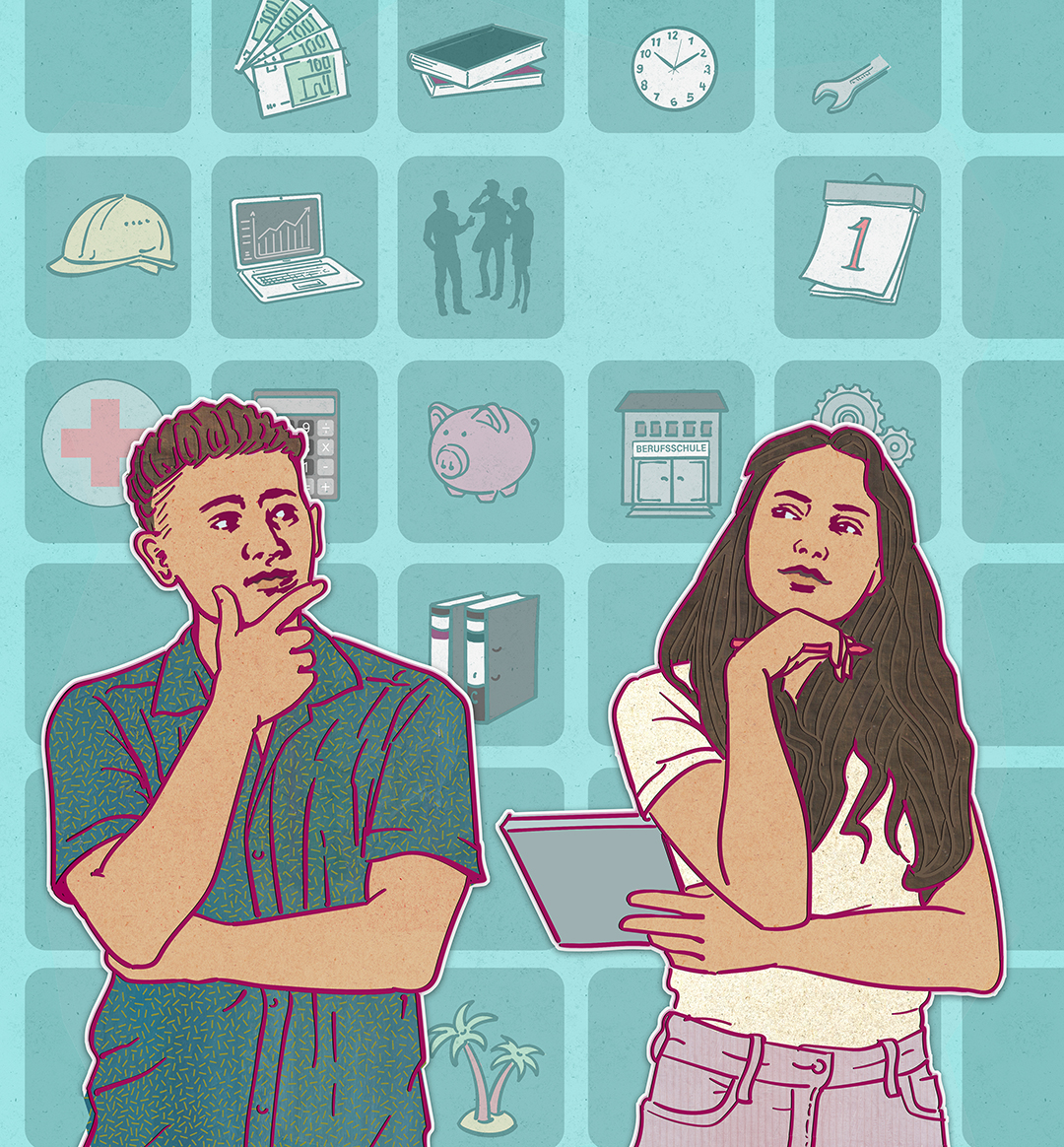 Ein junger Mann und eine junge Frau stehen nachdenklich nebeneinander. Im Hintergrund symbolisieren verschiedene Kacheln wie Sparschwein und Schutzhelm einzelne Aspekte des Berufslebens.