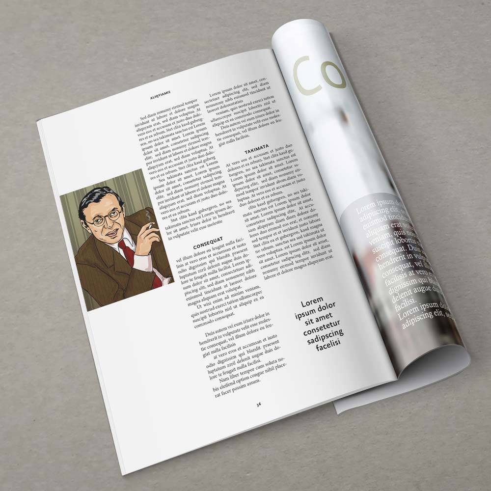 Zeitschriftenartikel mit dem illustrierten Portrait vom Jean Paul Sartre, eine Zigarette haltend