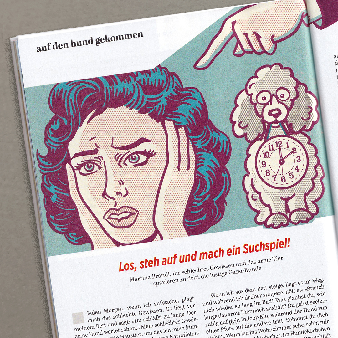 Eine offensichtlich aufgewühlte Frau hält sich den Kopf. Neben ihr ist ein Pudel zu sehen, der eine Uhr im Maul trägt.