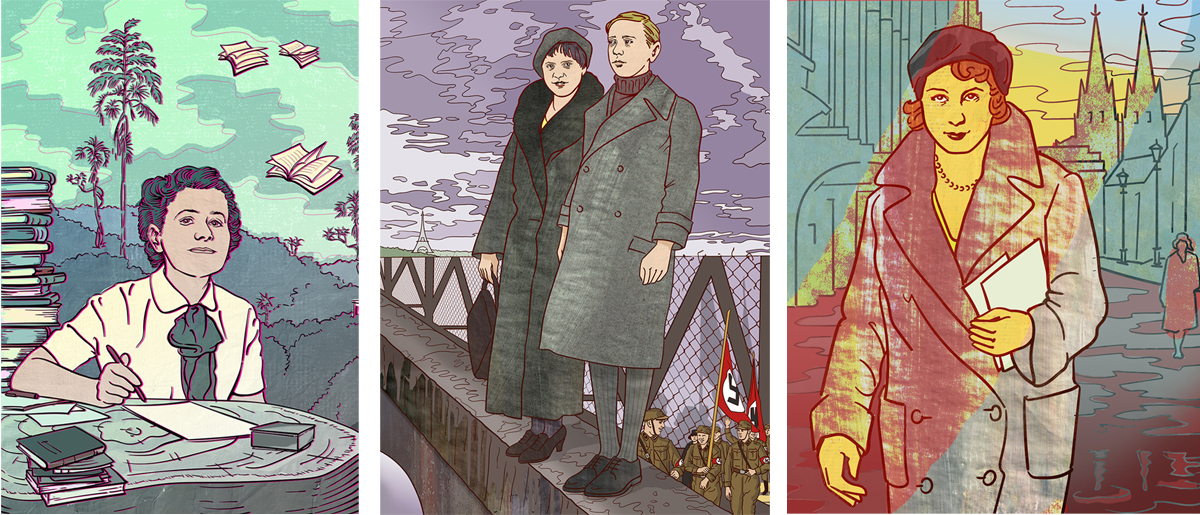 Eine Reihe von drei gezeichneten Portraits zeigt die Schriftstellerinnen Hilde Domin, Louise Strauss Ernst und Irmgard Keun