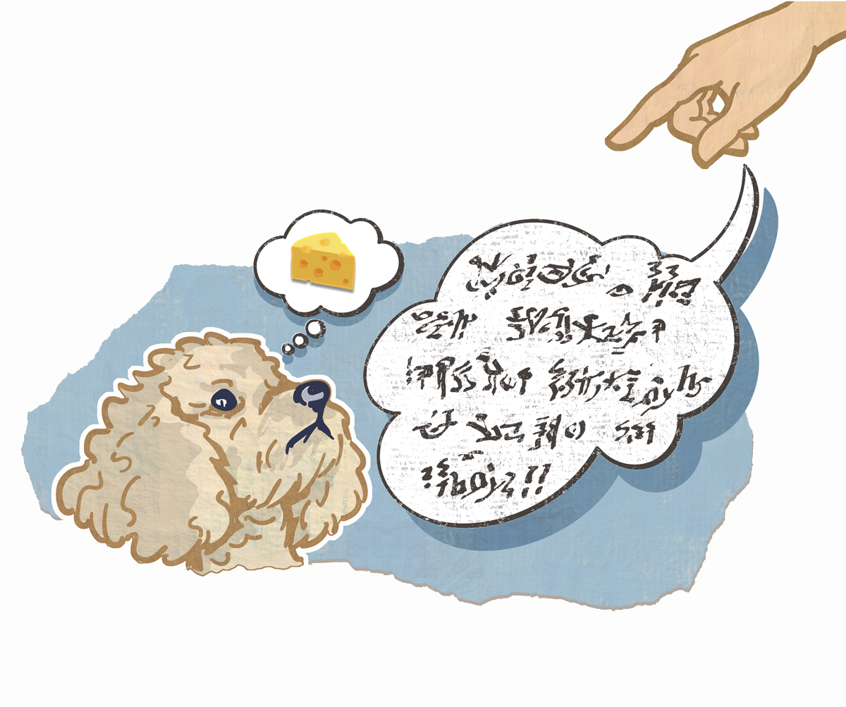Eine Hand zeigt auf einen Hund. Von der Hand geht eine Sprechblase aus, die unverständliche Hieroglyphen zeigt. Der Hund denkt an ein Stück Käse