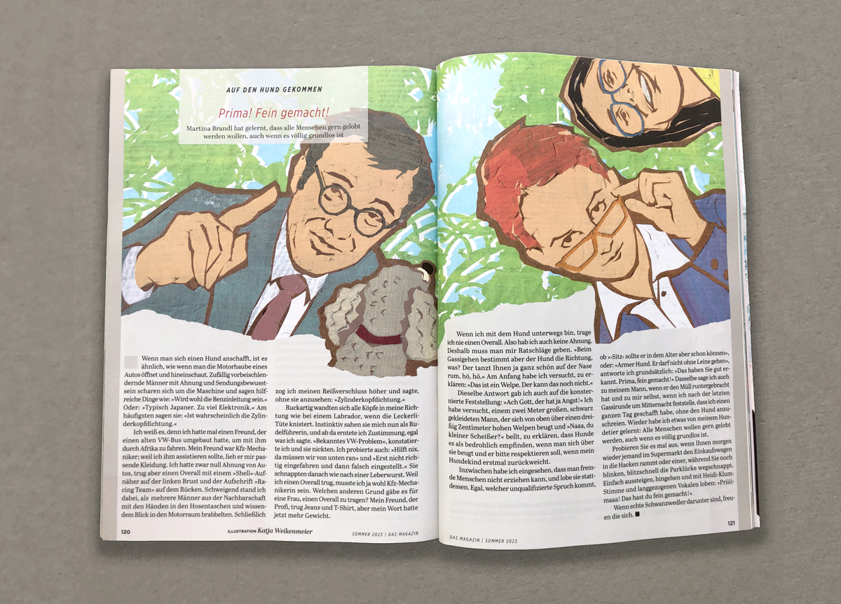 Die Zeitschriftendoppelseite zeigt einen Mann und zwei Frauen, die sich belehrend zu einem kleinen Hund hinabbeugen.