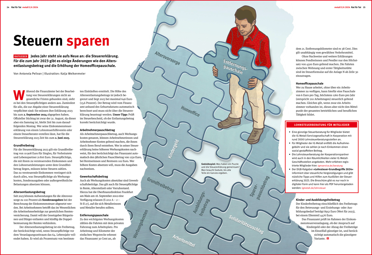 Ein Mann steht auf einem großen Puzzle und hält das fehlende Teil in der Hand. Die einzelnen Puzzleteile sind mit Begriffen aus der Steuererklärung versehen.