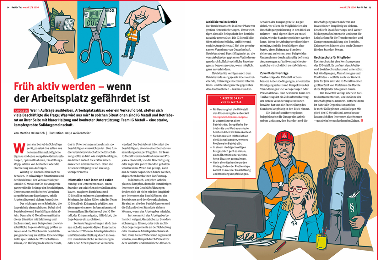 Eine große Hand hält eine Frau in Arbeitsmontur wie eine Spielfigur.Ein weiteres Bild zeigt einen freundliches Beratungsteam.