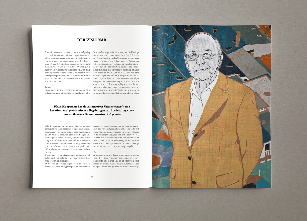 Eine aufgeschlagene Zeitschrift, deren rechte Seite ein ganzseitiges Portrait von Klaus Hoppmann vor dem Firmengelände zeigt.