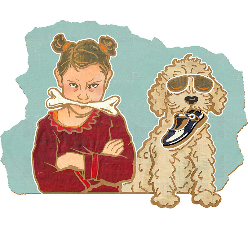 Illustration eines kleinen Mädchens, das einen Knochen im Mund trägt und einem Hund, der einen Kinderschuh in der Schnauze hält