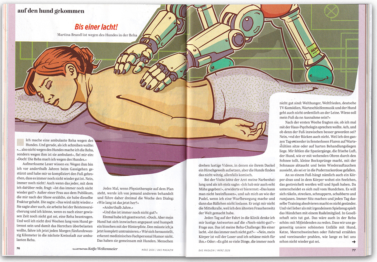 Eine Frau liegt bäuchlings auf einer Massagebank und wird von einem Roboter massiert.
