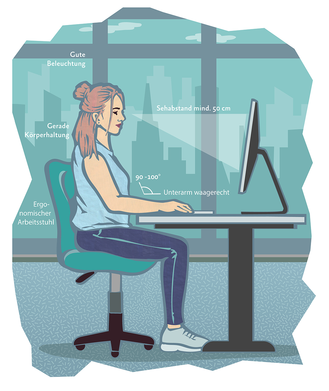 Eine junge Frau sitzt am Schreibtisch vor ihrem Bildschirm in korrekter Sitzhaltung.