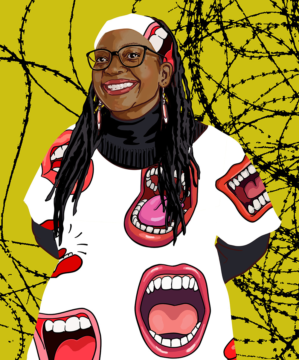 Portrait der Schriftstellerin Stella Nyanzi, Kleid und Kopftuch sind mit großen Mündern bedruckt, im Bildhintergrund Stacheldraht.