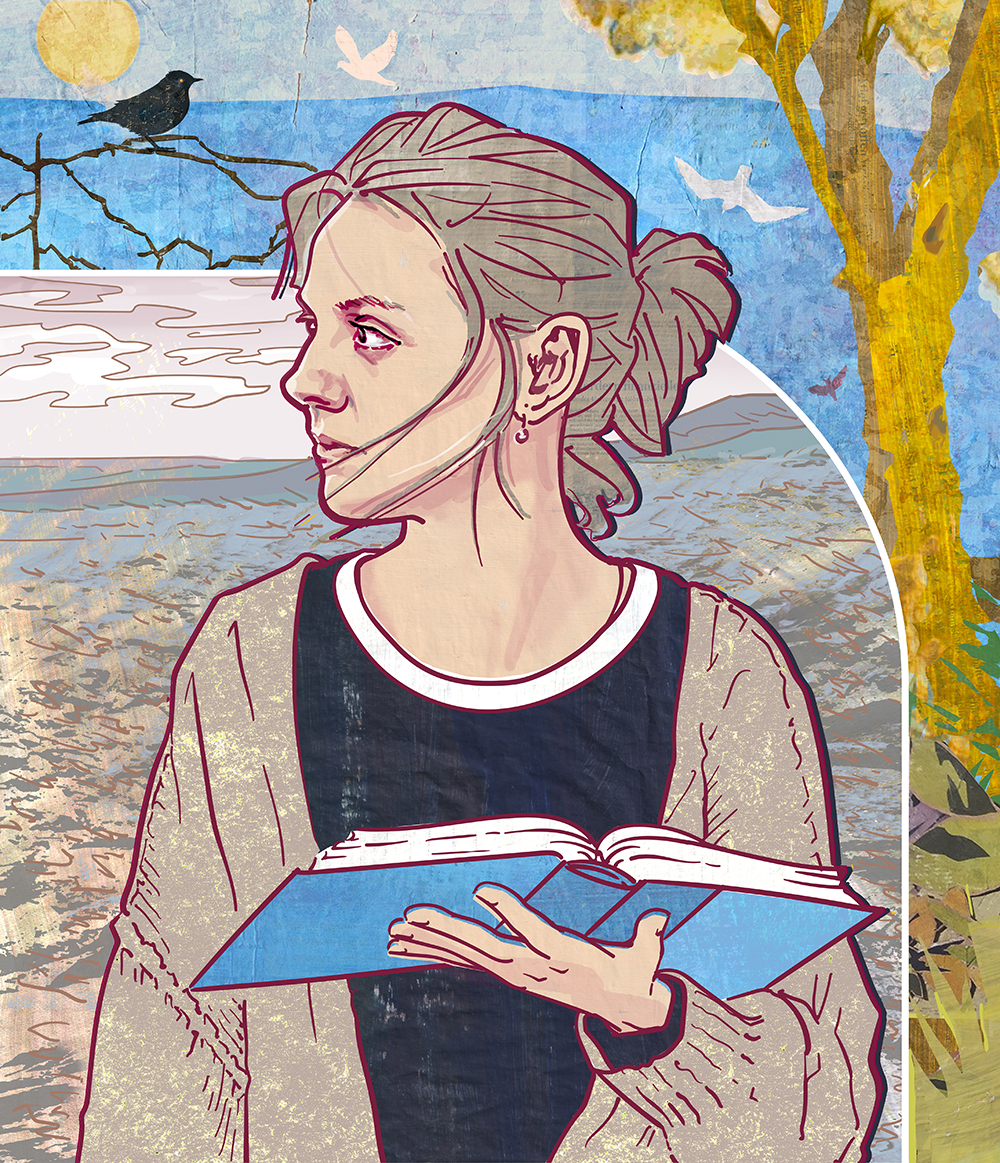 Portrait der Schriftstellerin Volha Hapeyeva, ein Buch haltend. Die karge Landschaft im Hintergrund wird von Natur umrahmt.