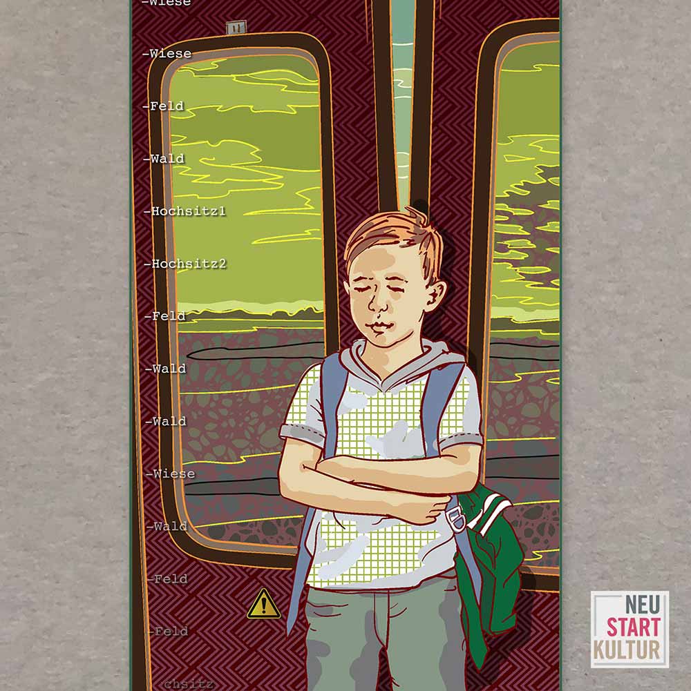 Ein kleiner Junge in kariertem Hemd steht vor einer halbgeöffneten Bus-Tür