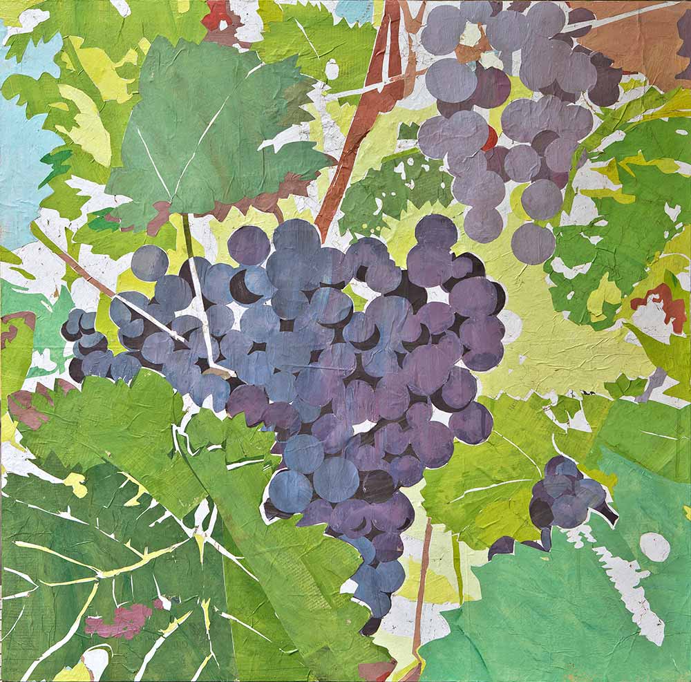 Blaue Trauben zwischen Weinlaub, Papiercollage Illustration