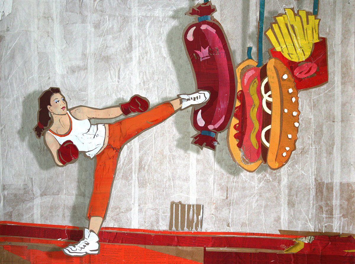 Frau in Trainingskleidung mit Boxhandschuhen tritt gegen große Würste und Hot Dogs, Papiercollage Illustration