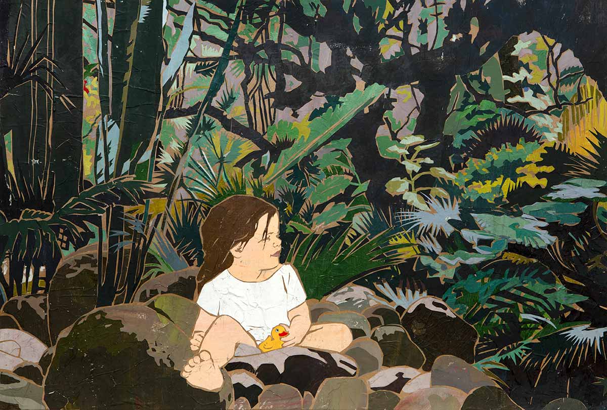 Ein kleines Mädchen sitzt zwischen großen Steinen in einem Wald. Papiercollage Illustration