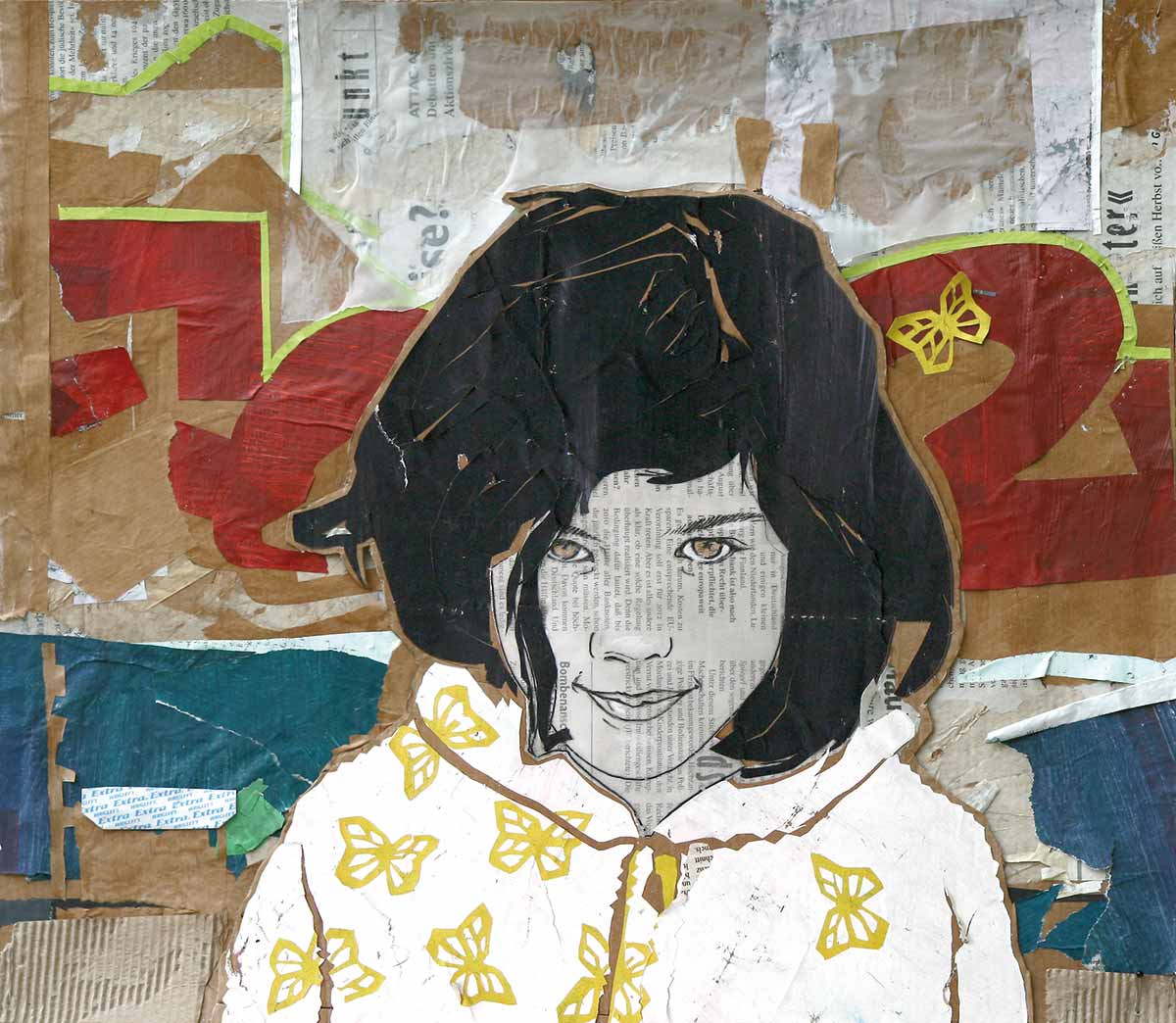 Portrait eines Mädchens in weißer Jacke mit gelben Schmetterlingen, Papiercollage Illustration
