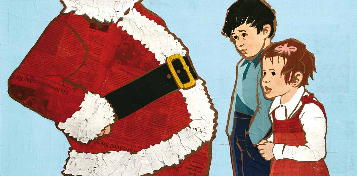 Ein kleiner Junge und ein kleines Mädchen staunen über den dicken Bauch des Weihnachtsmanns, Papiercollage Illustration