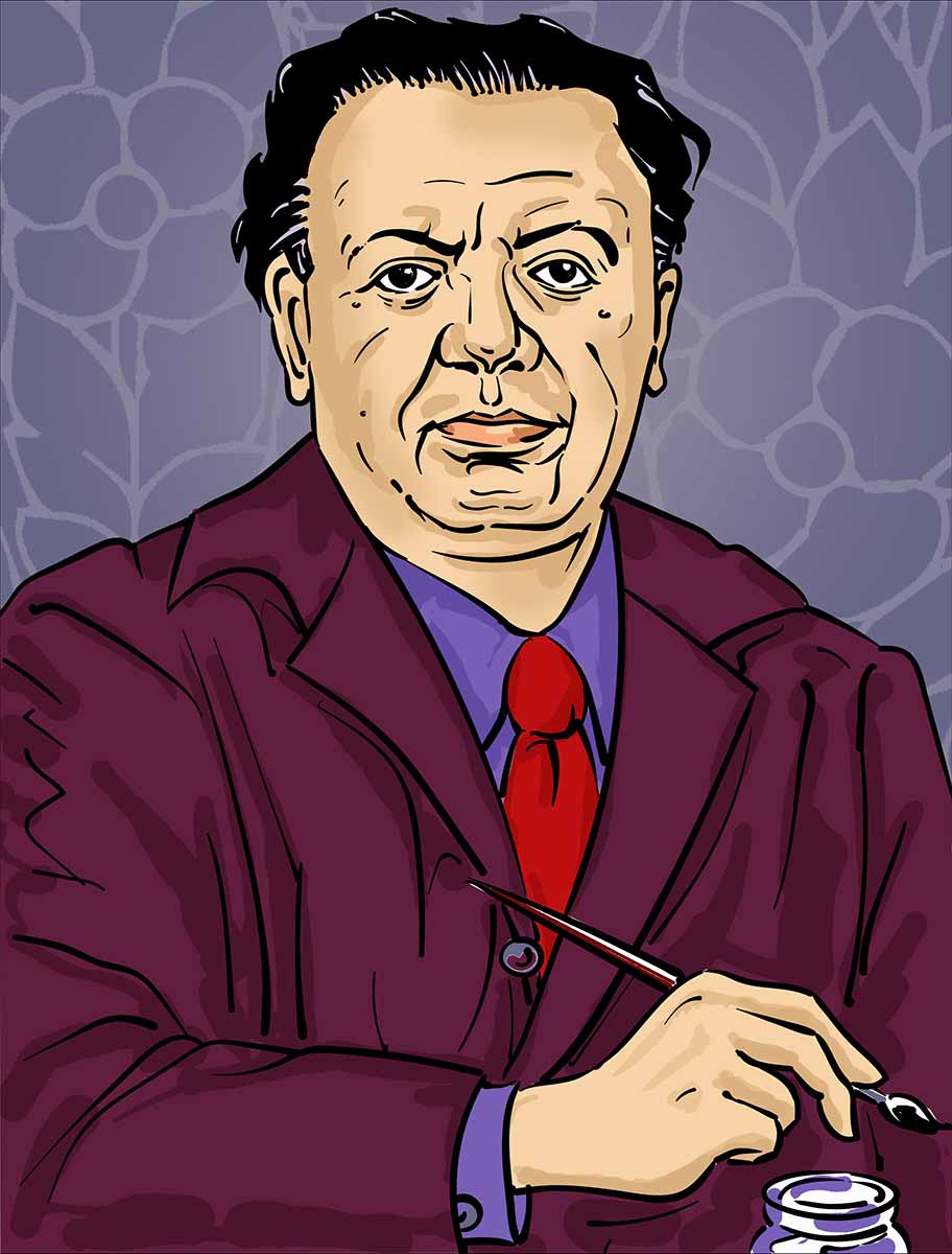 Portrait Illustration von Diego Rivera mit roter Krawatte vor violettem Hintergrund
