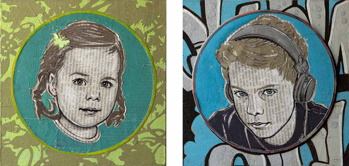 Papiercollagen, zwei Portraits von einem kleinen Mädchen und einem kleinen Jungen in runden Rahmen vor bunten Hintergründen