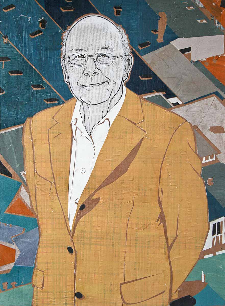 Papiercollage, Portrait eines Unternehmers im gelben Jackett vor grünem Hintergrund