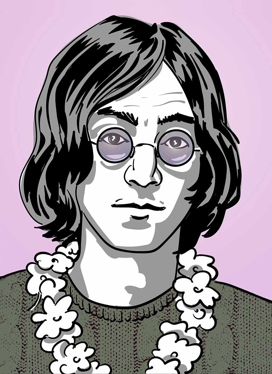 Portrait Illustration von John Lennon mit Blumenkranz um den Hals vor rosa Hintergrund