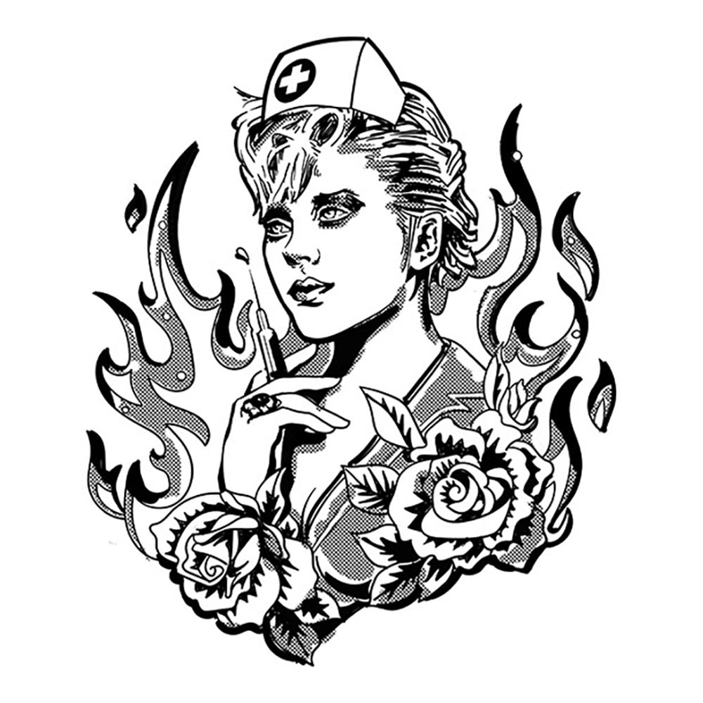 Tattoo-Style Illustration, Krankenschwester mit Häubchen und Spritze in der Hand, umgeben von Flammen und Rosen