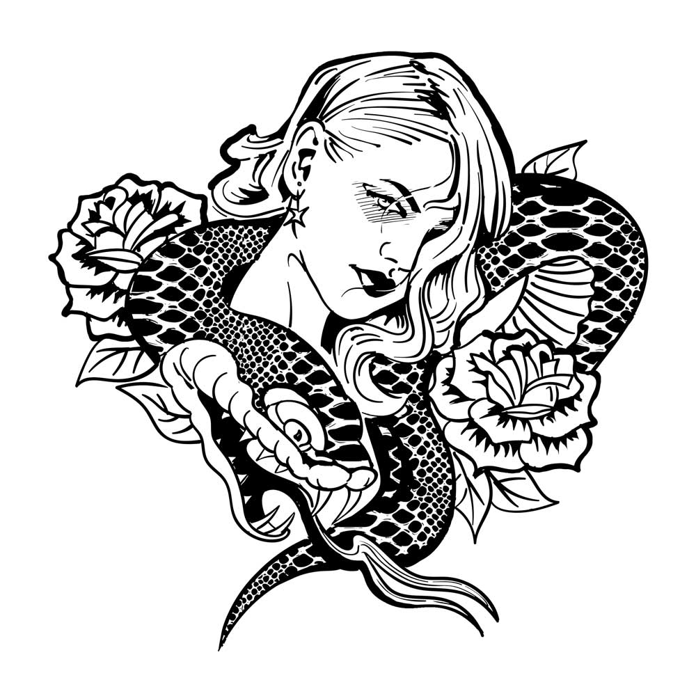 Tattoo-Style Illustration, Frau mit einer Schlange um den Hals und Rosenblüten