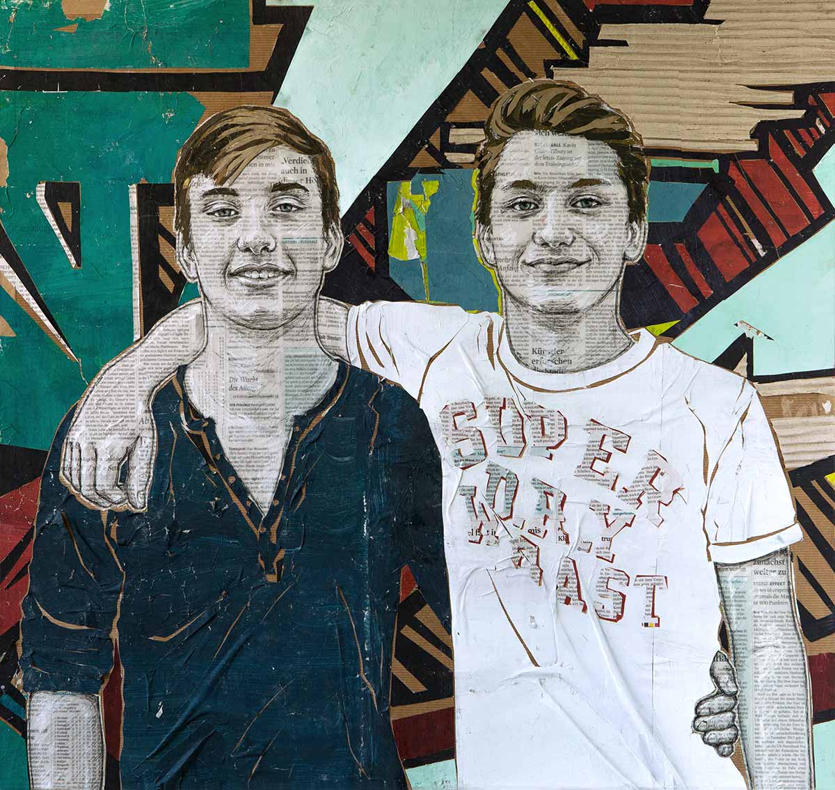 Papiercollage, Portrait von zwei Teenagerjungen, die sich umarmen
