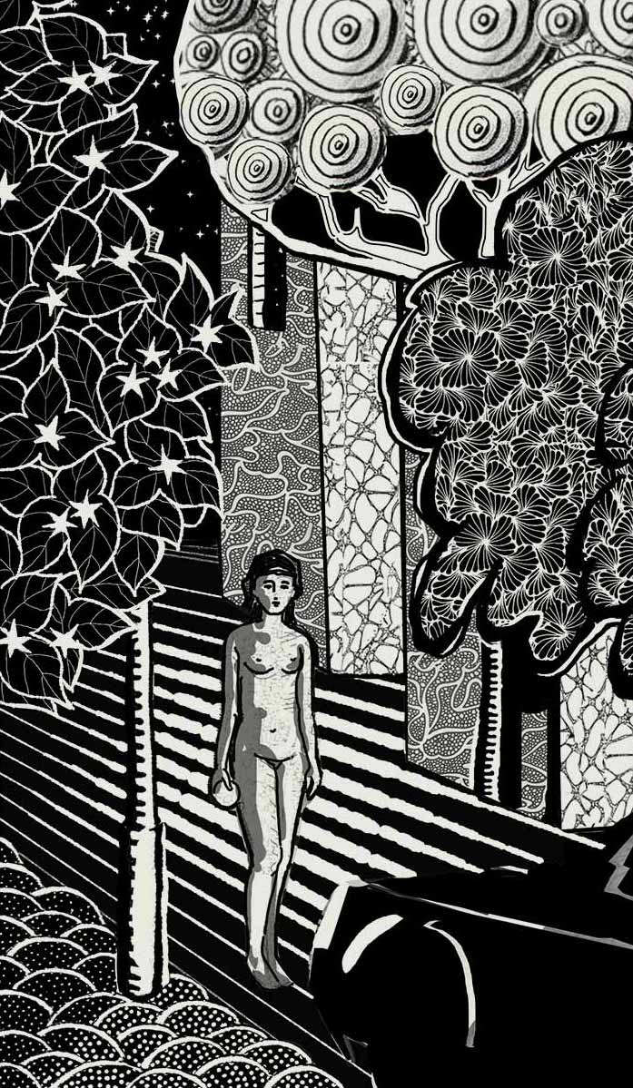 Nacktes Mädchen auf einer gestreiften Straße unter gemusterten Bäumen, schwarz-weiß Illustration