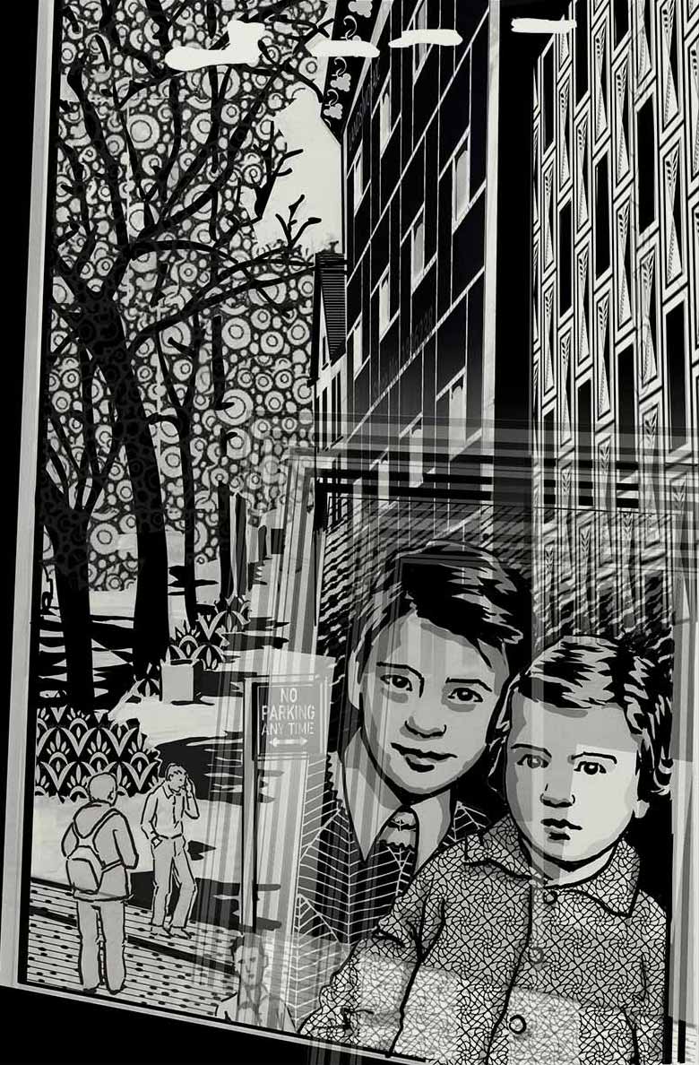Zwei Kinder schauen durch ein Fenster, in dem sich die Straße spiegelt, an der sie wohnen