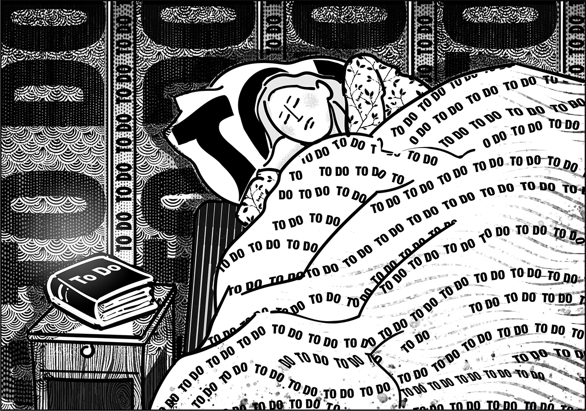Eine Frau liegt schlafend im Bett. Bettzeug, Wände und das Buch auf dem Nachttisch sind mit dem Begriff TODO vollgestempelt. Schwarz-Weiß Illustration