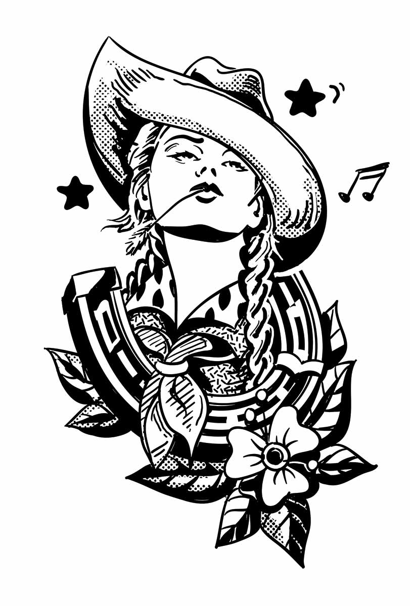 Siebdruck Motiv 'Mädchen mit Cowboyhut, Hufeisen und Blume