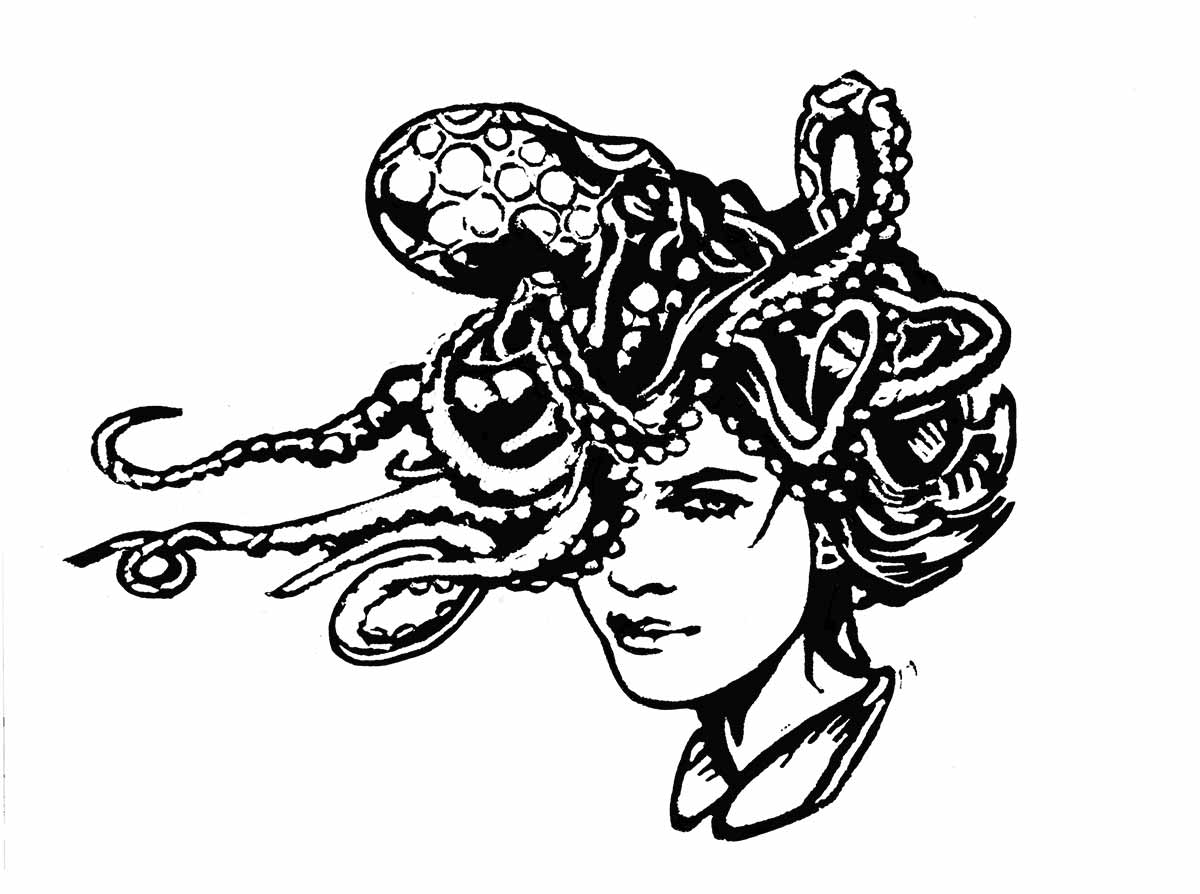 Siebdruck Motiv 'Frau mit einem Octopus auf dem Kopf
