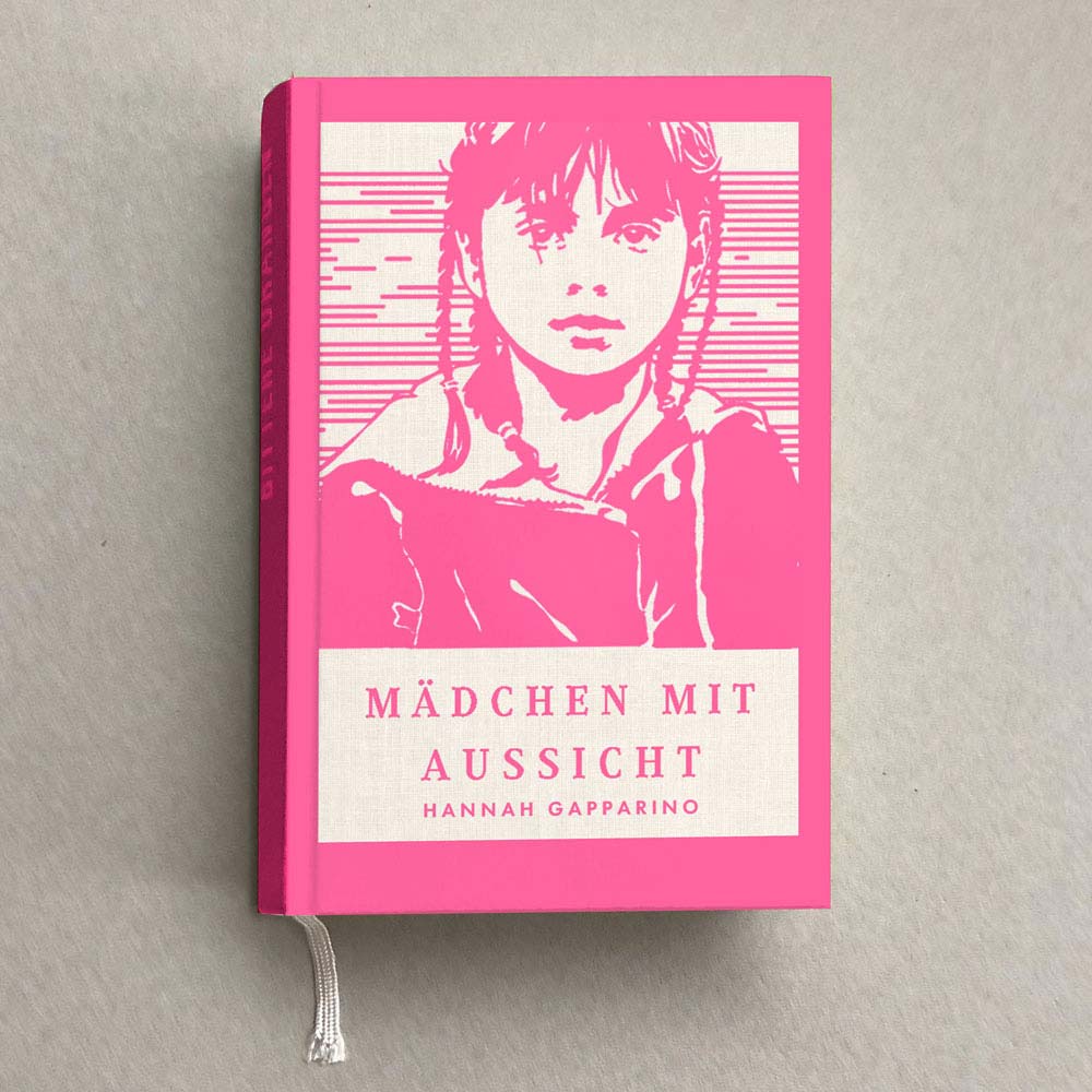 Illustrierter Buchtitel, Flüchtlingsmädchen in grellem Pink