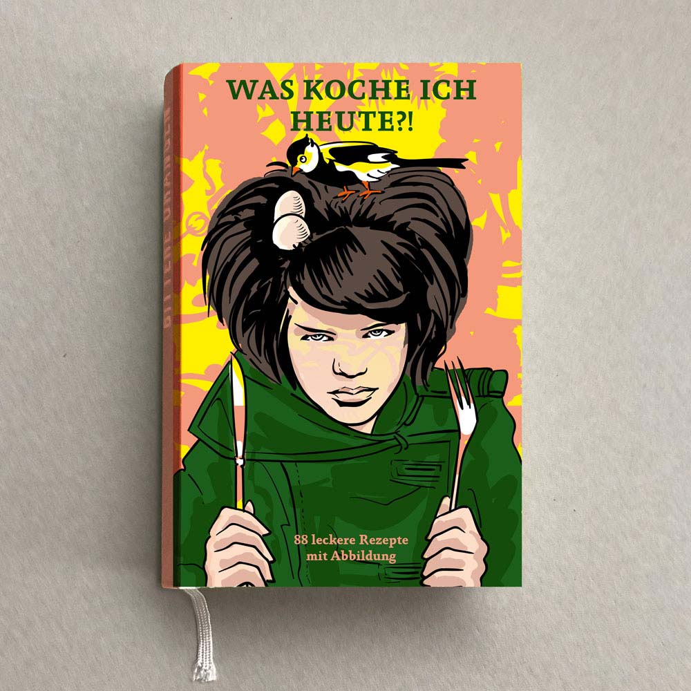 Illustrierter Buchtitel, Frau mit Messer und Gabel und mit einem Vogelnest auf dem Kopf