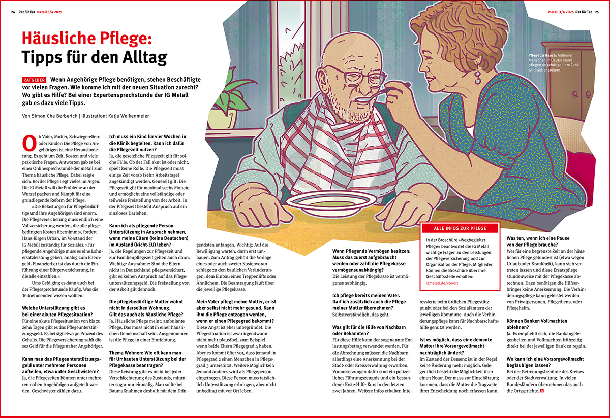 Eine freundliche Frau mittleren Alters füttert am Esstisch einen alten Mann.