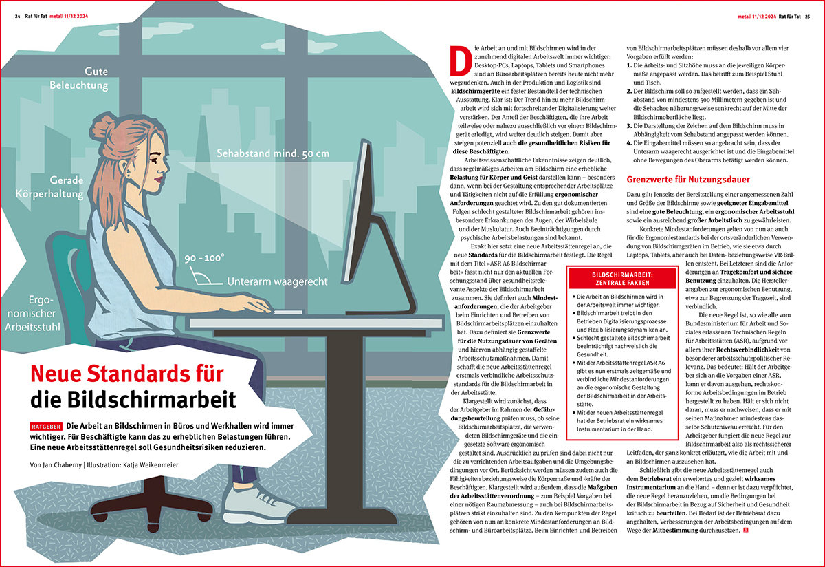 Eine junge Frau sitzt am Schreibtisch. Ihre Haltung ist aufrecht, Sitzhöhe und Abstand zum Bildchirm sind optimal.