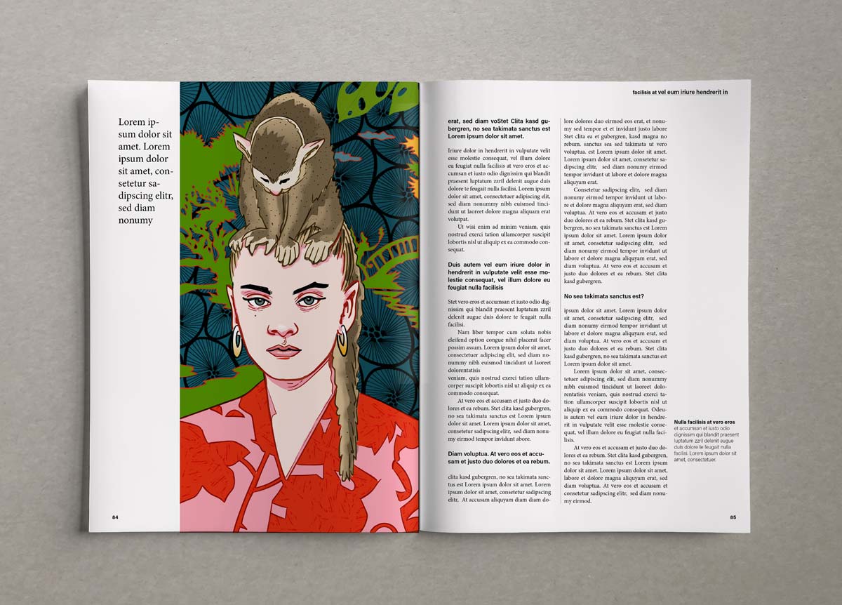 Illustration von einem Mädchen in rot gemustertem Klein mit einem Affen auf dem Kopf