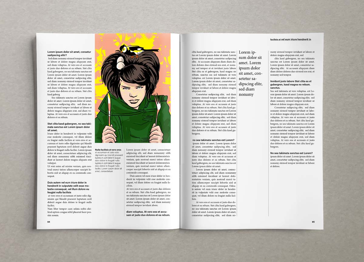 Illustration eines Mädchens, das Messer und Gabel in den Händen hält und ein Vogelnest auf dem Kopf hat