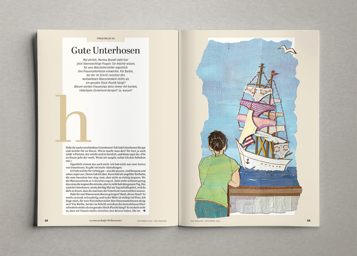 Papiercollage, Illustration zu einem Text über Frauen-Unterhosen