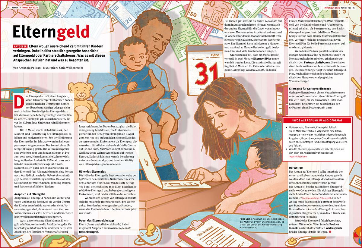 Junge Familie mit zwei kleinen Kindern vor dem Laptop. Im Hintergrund Kinderaccessoires und Geldscheine.