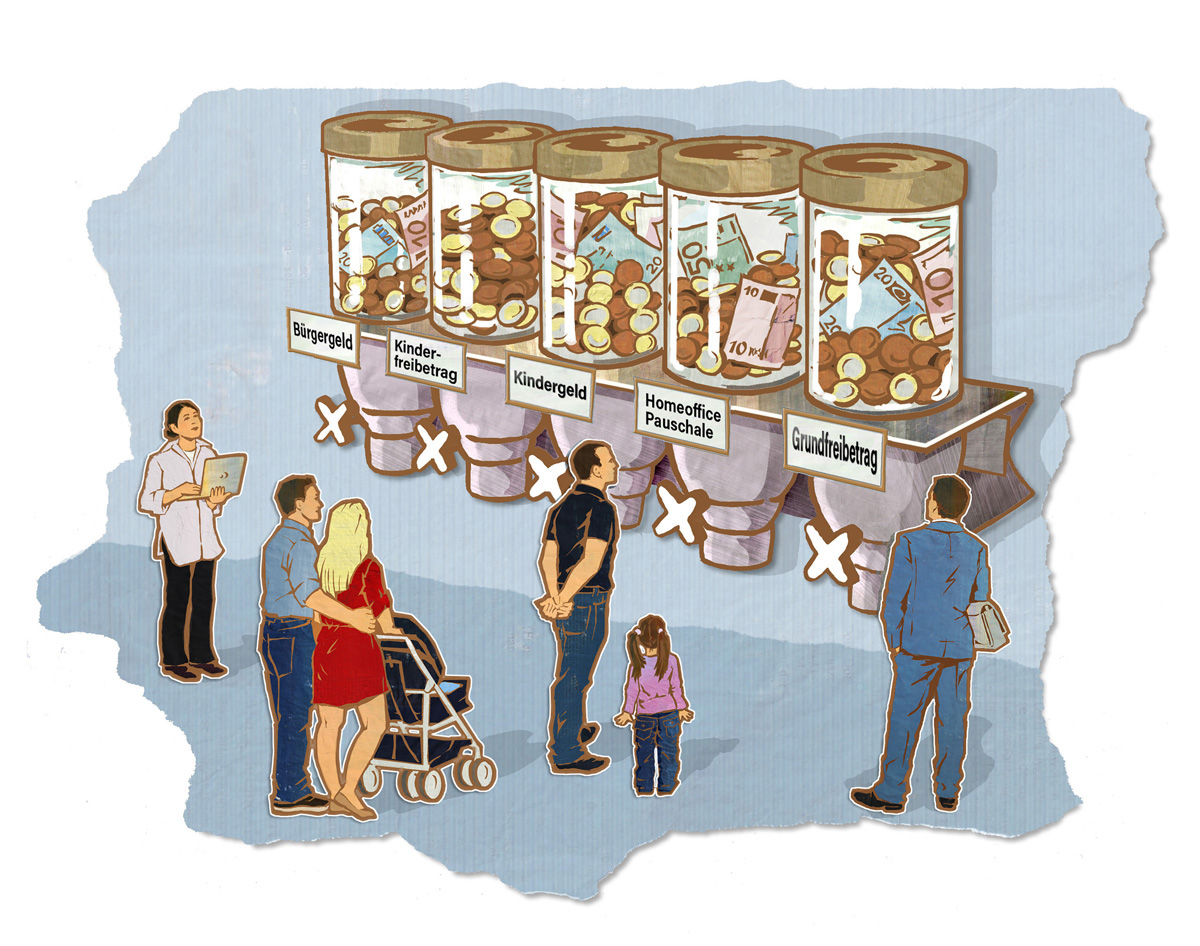 Verschiedene Personen stehen vor großen Geldspendeautomaten