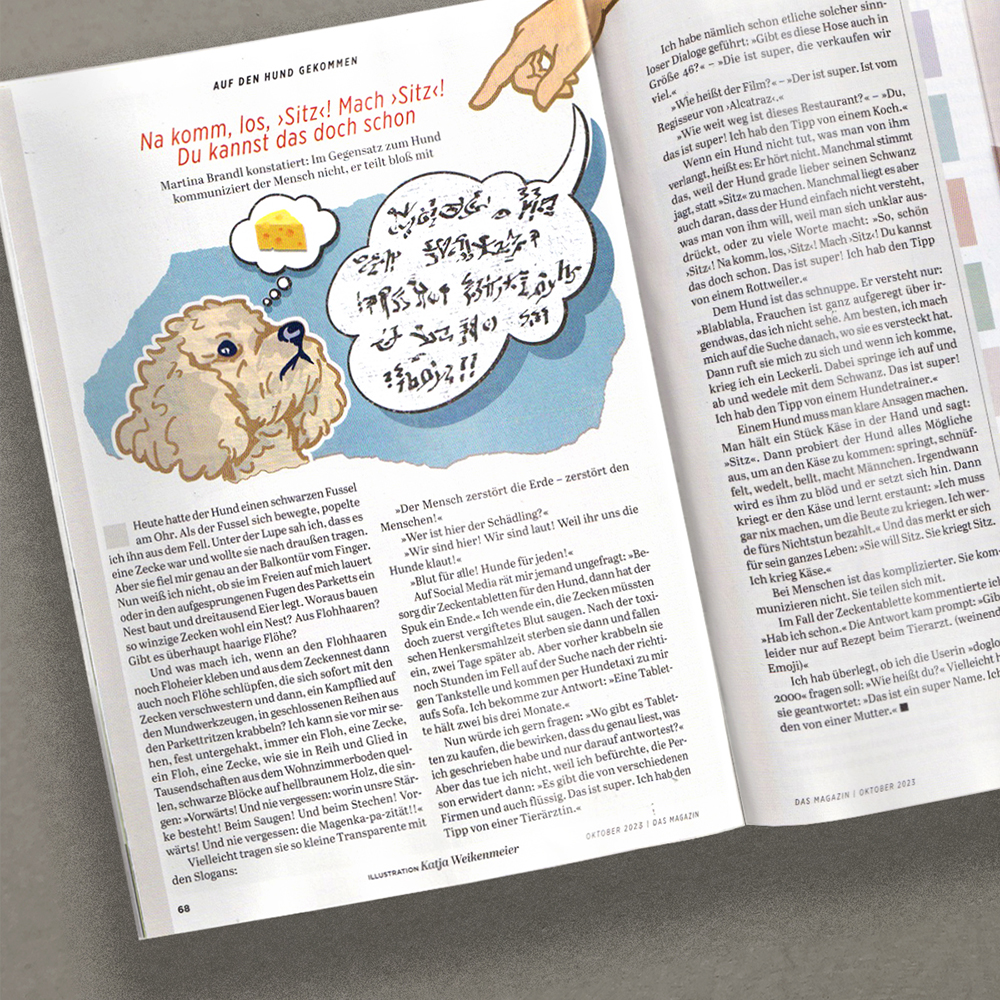 Eine Hand zeigt auf einen Hund. Von der Hand geht eine Sprechblase aus, die unverständliche Hieroglyphen zeigt. Der Hund denkt an ein Stück Käse